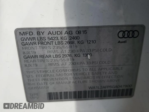 2016 Audi Q5 Premium Plus with VIN WA1L2AFP5GA047900, listed as a Copart auction lot 42851285 with 42,951 mi miles and Salvage Title. Bid and sale history available at carsss.com. Image 13.