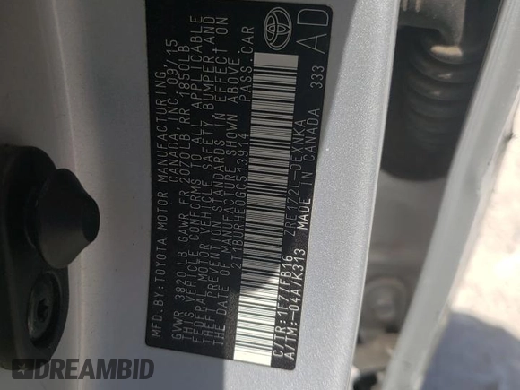2016 Toyota Corolla L with VIN 2T1BURHE0GC513914, listed as a Copart auction lot 48797075 with 54,805 mi miles and Salvage Title. Bid and sale history available at DreamBid. Image 12.