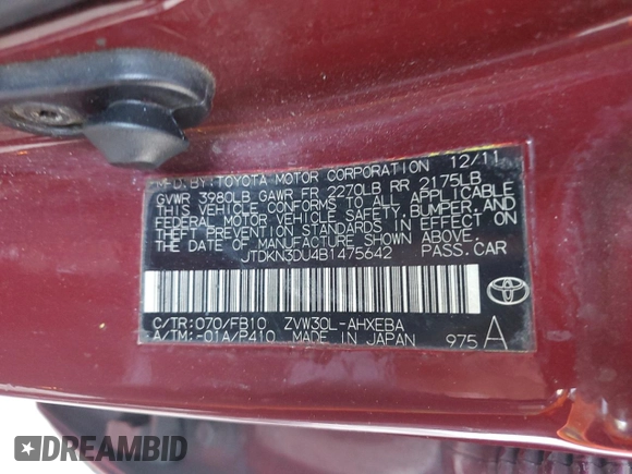 2011 Toyota Prius I with VIN JTDKN3DU4B1475642, listed as a Copart auction lot 87303004 with 326,164 mi miles and Salvage Title. Bid and sale history available at carsss.com. Image 12.