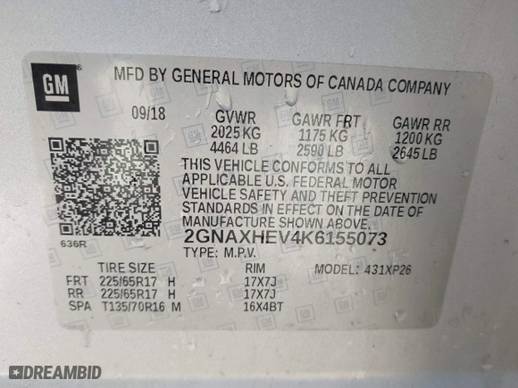 2019 Chevrolet Equinox LS with VIN 2GNAXHEV4K6155073, listed as a IAAI auction lot 41780929 with 126,193 mi miles. Bid and sale history available at carsss.com. Image 9.