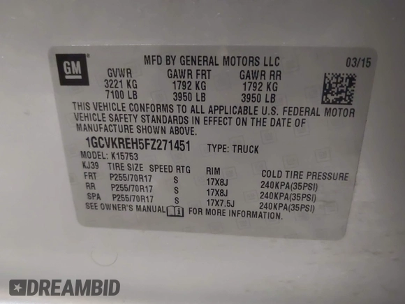 2015 Chevrolet Silverado 1500 LT with VIN 1GCVKREH5FZ271451, listed as a IAAI auction lot 42040083 with 262,135 mi miles and . Bid and sale history available at DreamBid. Image 9.