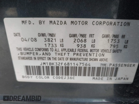 2008 Mazda 3 i Touring Value with VIN JM1BK32F681147564, listed as a IAAI auction lot 41395994 with 199,337 mi miles and . Bid and sale history available at DreamBid. Image 9.