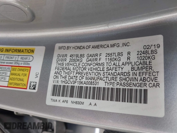 2019 Honda Accord with VIN 1HGCV3F15KA008531, listed as a IAAI auction lot 42593944 with 150,007 mi miles and . Bid and sale history available at DreamBid. Image 9.