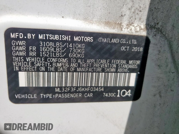 2019 Mitsubishi Mirage ES с VIN ML32F3FJ6KHF03454, выставлен на аукционе Copart как лот 63476785 с пробегом 108 127 миль миль и Чистый • Clean title. История ставок и продаж доступна на DreamBid. Изображение 12.