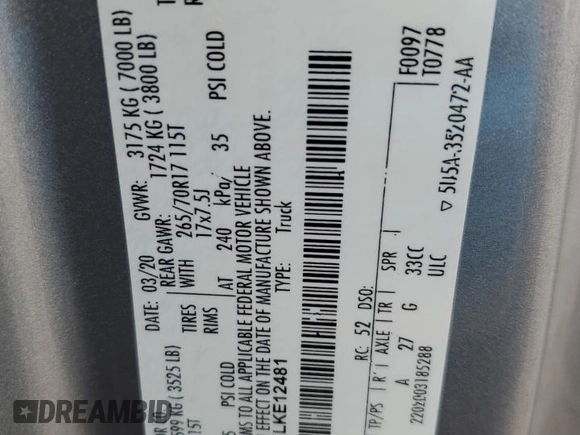 2020 Ford F-150 XL with VIN 1FTEX1E51LKE12481, listed as a Copart auction lot 54891695 with 157,481 mi miles and Clean title. Bid and sale history available at DreamBid. Image 12.