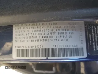 2003 Volkswagen Jetta с VIN WVWSP61J43W494203, выставлен на аукционе Copart как лот 41892785 с пробегом 274 284 миль миль и Чистый • Clean title. История ставок и продаж доступна на DreamBid. Изображение 13.