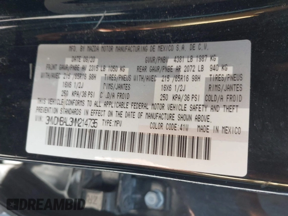 2021 Mazda CX-30 S with VIN 3MVDMBAL3MM214735, listed as a IAAI auction lot 42000096 with 46,794 mi miles and . Bid and sale history available at DreamBid. Image 9.
