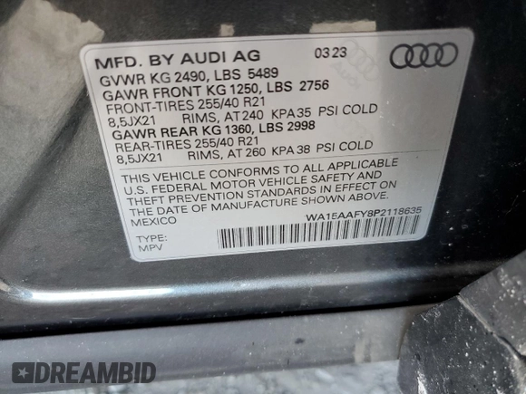 2023 Audi Q5 Sportback S line Premium Plus with VIN WA15AAFY8P2118635, listed as a Copart auction lot 87265094 with 20,844 mi miles and Salvage title. Bid and sale history available at DreamBid. Image 14.
