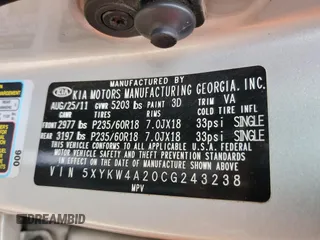 2012 Kia Sorento SX with VIN 5XYKW4A20CG243238, listed as a Copart auction lot 57533915 with 174,954 mi miles and Salvage title. Bid and sale history available at DreamBid. Image 13.