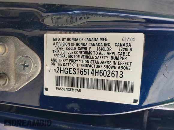 2004 Honda Civic LX with VIN 2HGES16514H602613, listed as a IAAI auction lot 39716121 with 215,401 mi miles and . Bid and sale history available at carsss.com. Image 9.