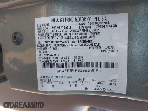 2003 Ford Focus SE with VIN 1FAFP34P33W252024, listed as a IAAI auction lot 42484082 with 125,777 mi miles and . Bid and sale history available at DreamBid. Image 9.
