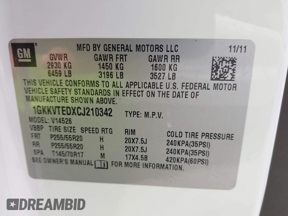 2012 GMC Acadia Denali with VIN 1GKKVTEDXCJ210342, listed as a IAAI auction lot 42549900 with 241,440 mi miles and . Bid and sale history available at DreamBid. Image 9.