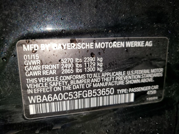 2015 BMW 6 Series 640i z VIN WBA6A0C53FGB53650, wystawiony jako Copart lot #68653574 z przebiegiem Nie podano mil oraz Czysty tytuł • Clean title. Historia ofert i sprzedaży dostępna na DreamBid. Obrazek 12.