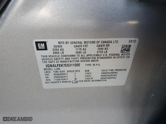 2012 Chevrolet Equinox LTZ with VIN 2GNALFEK7C6311095, listed as a Copart auction lot 52709555 with 77,688 mi miles and Clean Title. Bid and sale history available at carsss.com. Image 13.