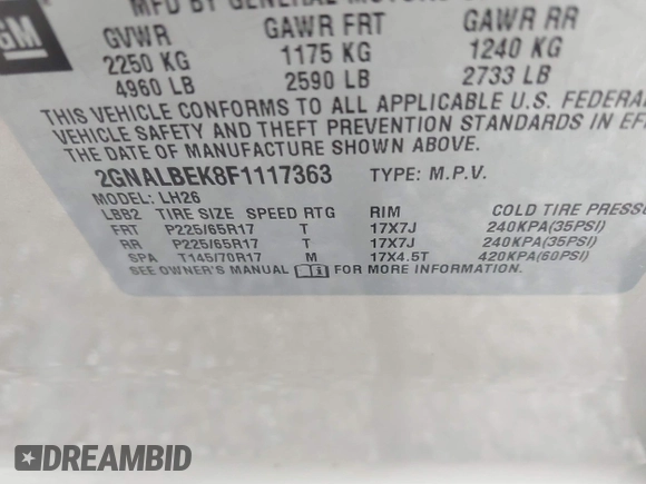 2015 Chevrolet Equinox LT with VIN 2GNALBEK8F1117363, listed as a IAAI auction lot 41994648 with 87,748 mi miles. Bid and sale history available at carsss.com. Image 9.