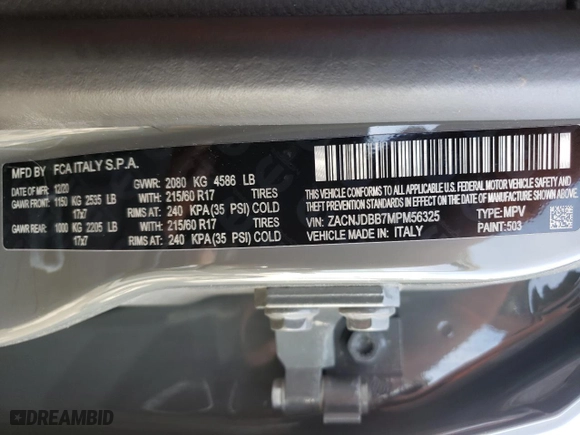 2021 Jeep Renegade Latitude with VIN ZACNJDBB7MPM56325, listed as a Copart auction lot 46103245 with 79,395 mi miles and Salvage Title. Bid and sale history available at carsss.com. Image 16.