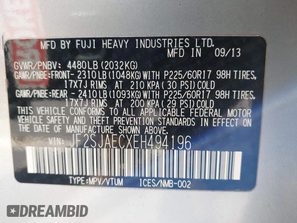 2014 Subaru Forester 2.5i Premium with VIN JF2SJAECXEH494196, listed as a IAAI auction lot 42097228 with 119,448 mi miles. Bid and sale history available at carsss.com. Image 9.