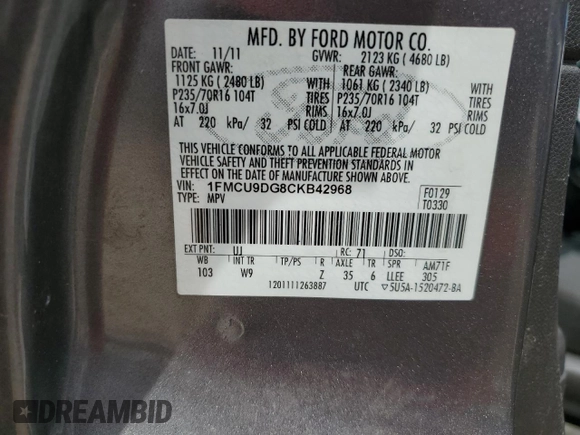 2012 Ford Escape XLT with VIN 1FMCU9DG8CKB42968, listed as a Copart auction lot 61763275 with 233,998 mi miles and Salvage title. Bid and sale history available at DreamBid. Image 12.
