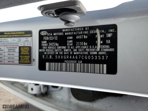 2012 Kia Optima SX with VIN 5XXGR4A67CG053537, listed as a Copart auction lot 48075465 with 172,729 mi miles and Salvage Title. Bid and sale history available at carsss.com. Image 12.