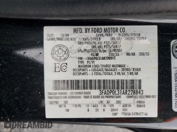 2010 Ford Fusion Hybrid with VIN 3FADP0L31AR228843, listed as a Copart auction lot 59587165 with 308,260 mi miles and Clean title. Bid and sale history available at DreamBid. Image 12.
