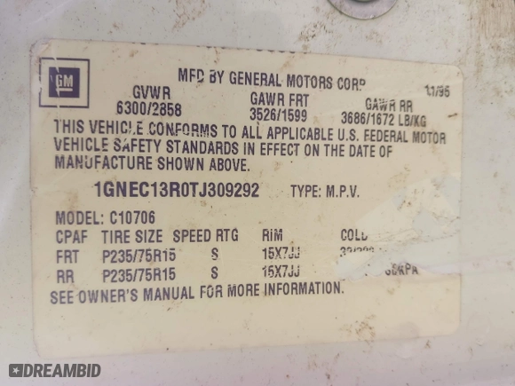 1996 Chevrolet Tahoe Limited with VIN 1GNEC13R0TJ309292, listed as a IAAI auction lot 41412643 with 219,815 mi miles. Bid and sale history available at carsss.com. Image 9.