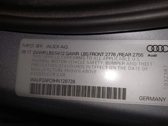 2017 Audi A6 Premium Plus with VIN WAUF2AFC9HN128728, listed as a IAAI auction lot 41699063 with 110,475 mi miles. Bid and sale history available at carsss.com. Image 9.