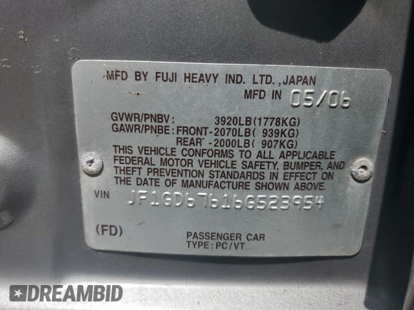 2006 Subaru Impreza i with VIN JF1GD67616G523954, listed as a Copart auction lot 55285405 with 159,193 mi miles and Salvage title. Bid and sale history available at DreamBid. Image 12.