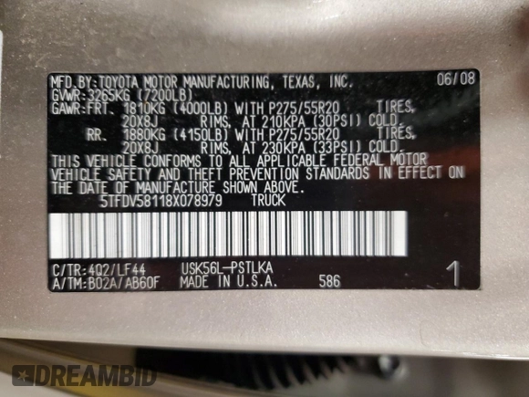 2008 Toyota Tundra 4WD Truck LTD with VIN 5TFDV58118X078979, listed as a Copart auction lot 52760265 with 234,853 mi miles and Salvage Title. Bid and sale history available at carsss.com. Image 12.