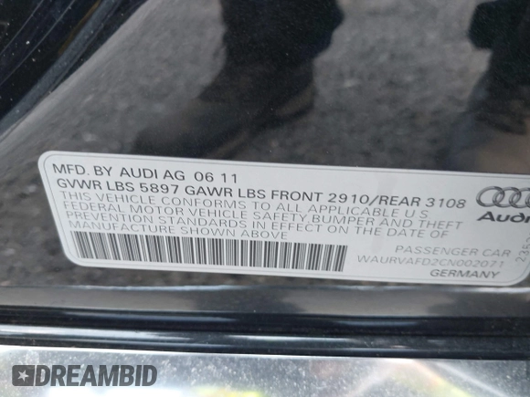 2012 Audi A8 with VIN WAURVAFD2CN002071, listed as a IAAI auction lot 42778424 with Not provided miles and . Bid and sale history available at DreamBid. Image 9.