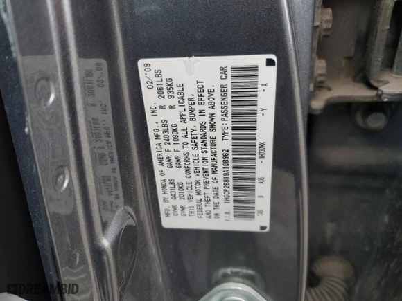 2009 Honda Accord Sdn EX-L with VIN 1HGCP26819A108962, listed as a Copart auction lot 49856925 with 0 mi miles and Salvage Title. Bid and sale history available at carsss.com. Image 14.