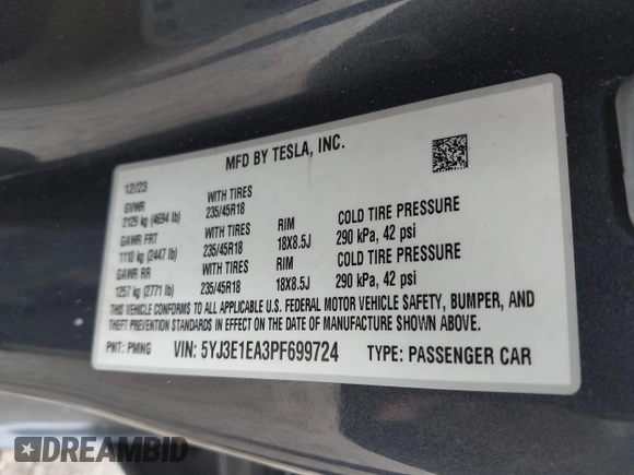 2023 Tesla Model 3 z VIN 5YJ3E1EA3PF699724, wystawiony jako IAAI lot #40654814 z przebiegiem Nie podano mil oraz . Historia ofert i sprzedaży dostępna na DreamBid. Obrazek 9.