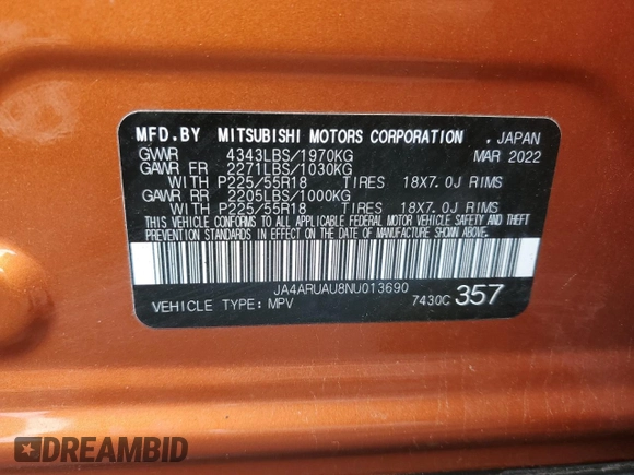2022 Mitsubishi Outlander Sport ES with VIN JA4ARUAU8NU013690, listed as a Copart auction lot 49910125 with 67,531 mi miles and Salvage Title. Bid and sale history available at carsss.com. Image 14.