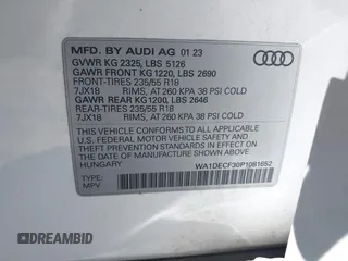 2023 Audi Q3 S line Premium with VIN WA1DECF30P1081652, listed as a IAAI auction lot 41775676 with 46,066 mi miles and . Bid and sale history available at DreamBid. Image 9.