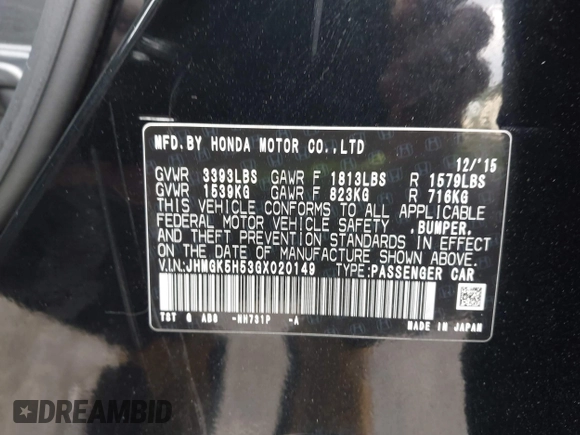 2016 Honda Fit LX with VIN JHMGK5H53GX020149, listed as a IAAI auction lot 42594205 with 183,414 mi miles and . Bid and sale history available at DreamBid. Image 9.