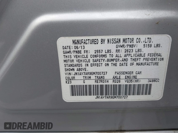 2014 Infiniti Q50 Hybrid Premium with VIN JN1AV7AR9EM700727, listed as a IAAI auction lot 41461433 with 169,882 mi miles. Bid and sale history available at carsss.com. Image 9.