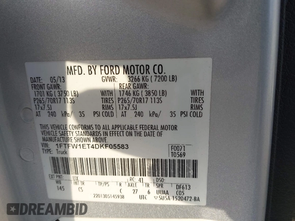 2013 Ford F-150 XL z VIN 1FTFW1ET4DKF05583, wystawiony jako IAAI lot #41864594 z przebiegiem 244 402 mil mil oraz . Historia ofert i sprzedaży dostępna na DreamBid. Obrazek 9.