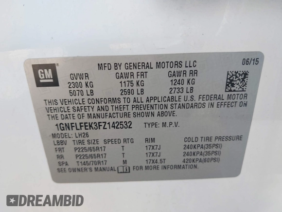 2015 Chevrolet Equinox LT z VIN 1GNFLFEK3FZ142532, wystawiony jako IAAI lot #42505769 z przebiegiem 224 596 mil mil oraz . Historia ofert i sprzedaży dostępna na DreamBid. Obrazek 9.