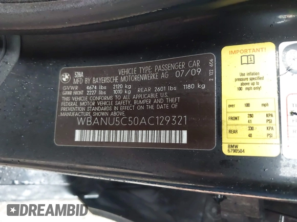 2010 BMW 5 Series 528i with VIN WBANU5C50AC129321, listed as a IAAI auction lot 41543532 with Not Provided miles and . Bid and sale history available at carsss.com. Image 9.