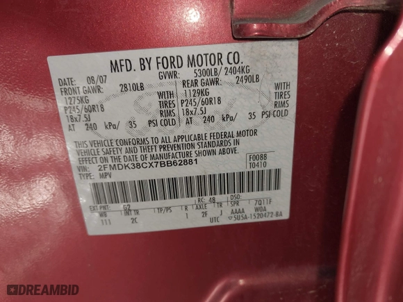 2007 Ford Edge SEL with VIN 2FMDK38CX7BB62881, listed as a IAAI auction lot 41557253 with 233,694 mi miles. Bid and sale history available at carsss.com. Image 9.