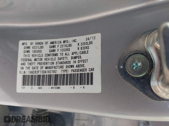 2013 Honda Accord EX z VIN 1HGCR2F73DA162760, wystawiony jako IAAI lot #42473307 z przebiegiem Nie podano mil oraz . Historia ofert i sprzedaży dostępna na DreamBid. Obrazek 9.