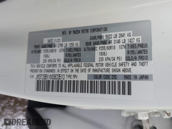 2022 Mazda CX-9 Sport with VIN JM3TCBBYXN0603510, listed as a IAAI auction lot 42027879 with Not provided miles and . Bid and sale history available at DreamBid. Image 9.
