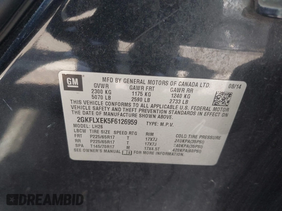 2015 GMC Terrain SLT with VIN 2GKFLXEK5F6126959, listed as a IAAI auction lot 42144398 with 180,784 mi miles and . Bid and sale history available at carsss.com. Image 9.