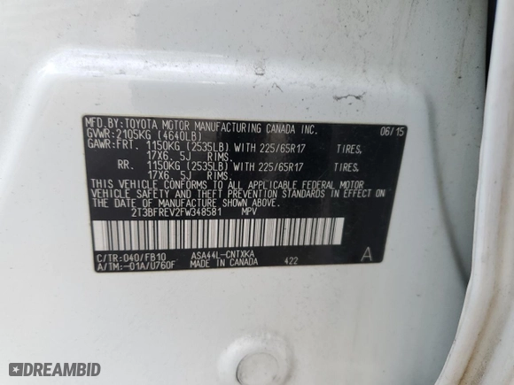 2015 Toyota RAV4 LE with VIN 2T3BFREV2FW348581, listed as a Copart auction lot 61762944 with 92,567 mi miles and Salvage Title. Bid and sale history available at carsss.com. Image 14.