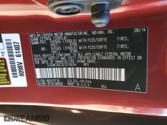 2014 Toyota Sienna SE with VIN 5TDXK3DC2ES518694, listed as a Copart auction lot 45270805 with 170,824 mi miles and Salvage Title. Bid and sale history available at DreamBid. Image 13.
