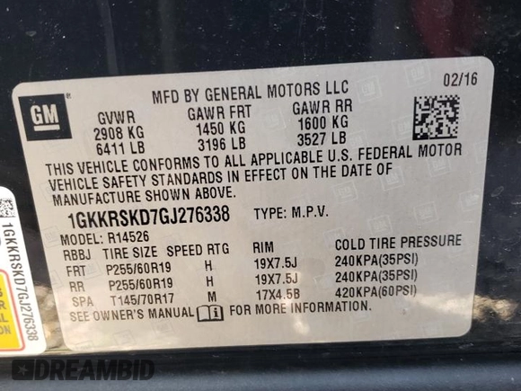 2016 GMC Acadia SLT with VIN 1GKKRSKD7GJ276338, listed as a Copart auction lot 42330785 with 205,997 mi miles and Salvage Title. Bid and sale history available at carsss.com. Image 14.