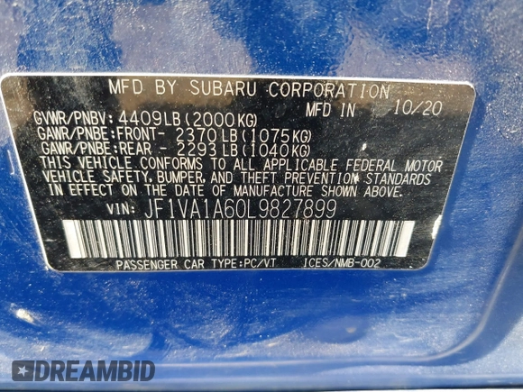 2020 Subaru WRX with VIN JF1VA1A60L9827899, listed as a IAAI auction lot 42121010 with Not provided miles and . Bid and sale history available at DreamBid. Image 9.