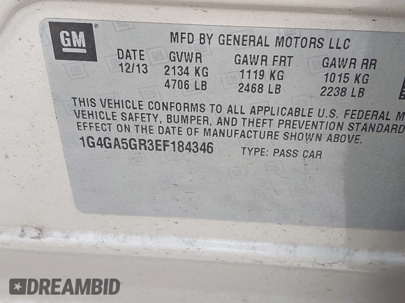 2014 Buick LaCrosse with VIN 1G4GA5GR3EF184346, listed as a IAAI auction lot 42040074 with 165,799 mi miles. Bid and sale history available at carsss.com. Image 9.