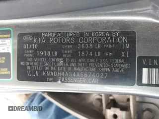 2010 Kia Rio LX with VIN KNADH4A34A6674027, listed as a IAAI auction lot 41804686 with 113,528 mi miles. Bid and sale history available at carsss.com. Image 9.