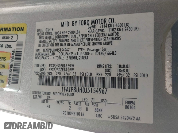 2018 Ford Mustang EcoBoost Premium with VIN 1FATP8UH0J5154967, listed as a IAAI auction lot 42395409 with 105,986 mi miles and . Bid and sale history available at DreamBid. Image 9.