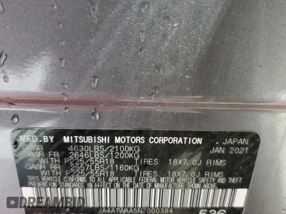 2022 Mitsubishi Eclipse Cross SE z VIN JA4ATWAA5NZ000384, wystawiony jako Copart lot #53619155 z przebiegiem 21 931 mil mil oraz Szkoda całkowita • Salvage title. Historia ofert i sprzedaży dostępna na DreamBid. Obrazek 14.